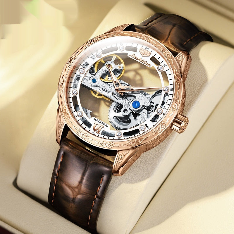 Openwork Mechanical Men's Watch – Rose Gold Case, Skeleton Dial, Leather Strap