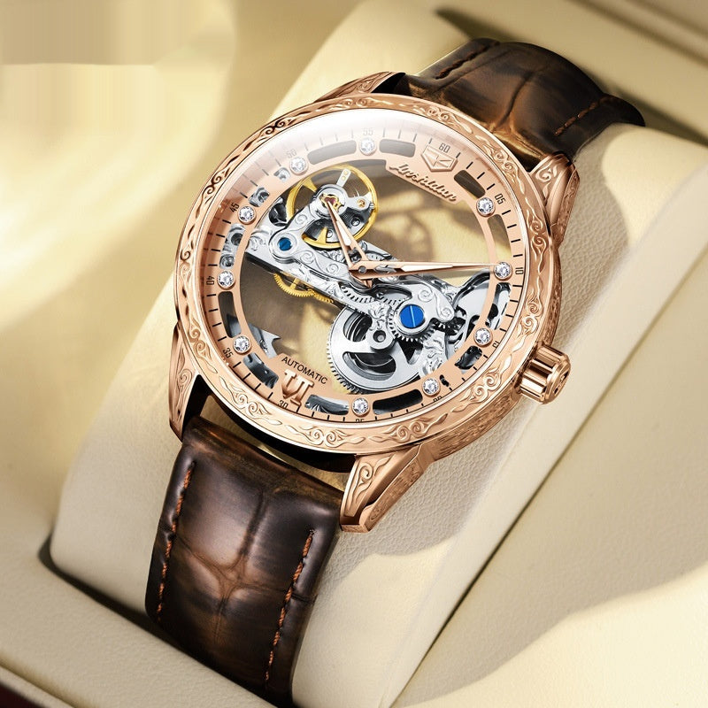 Openwork Mechanical Men's Watch – Rose Gold Case, Skeleton Dial, Leather Strap