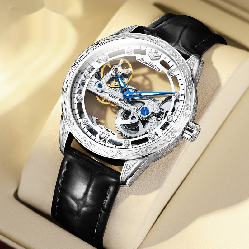Openwork Mechanical Men's Watch – Rose Gold Case, Skeleton Dial, Leather Strap