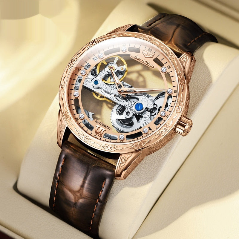 Openwork Mechanical Men's Watch – Rose Gold Case, Skeleton Dial, Leather Strap