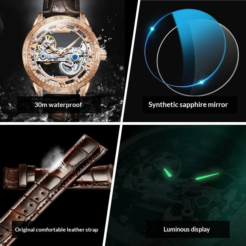 Openwork Mechanical Men's Watch – Rose Gold Case, Skeleton Dial, Leather Strap