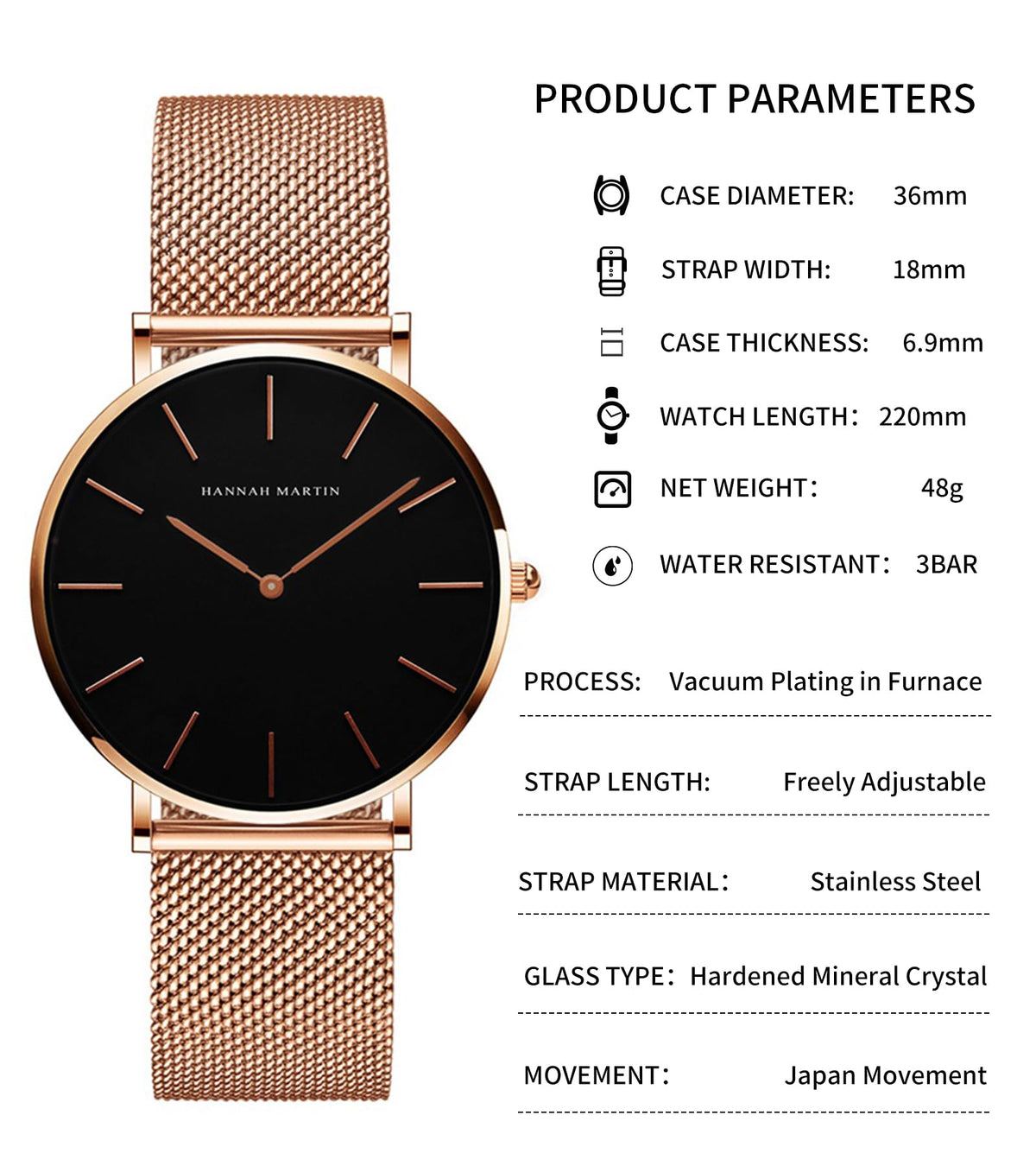 Hannah Martin Women's 36mm Minimalist Watch