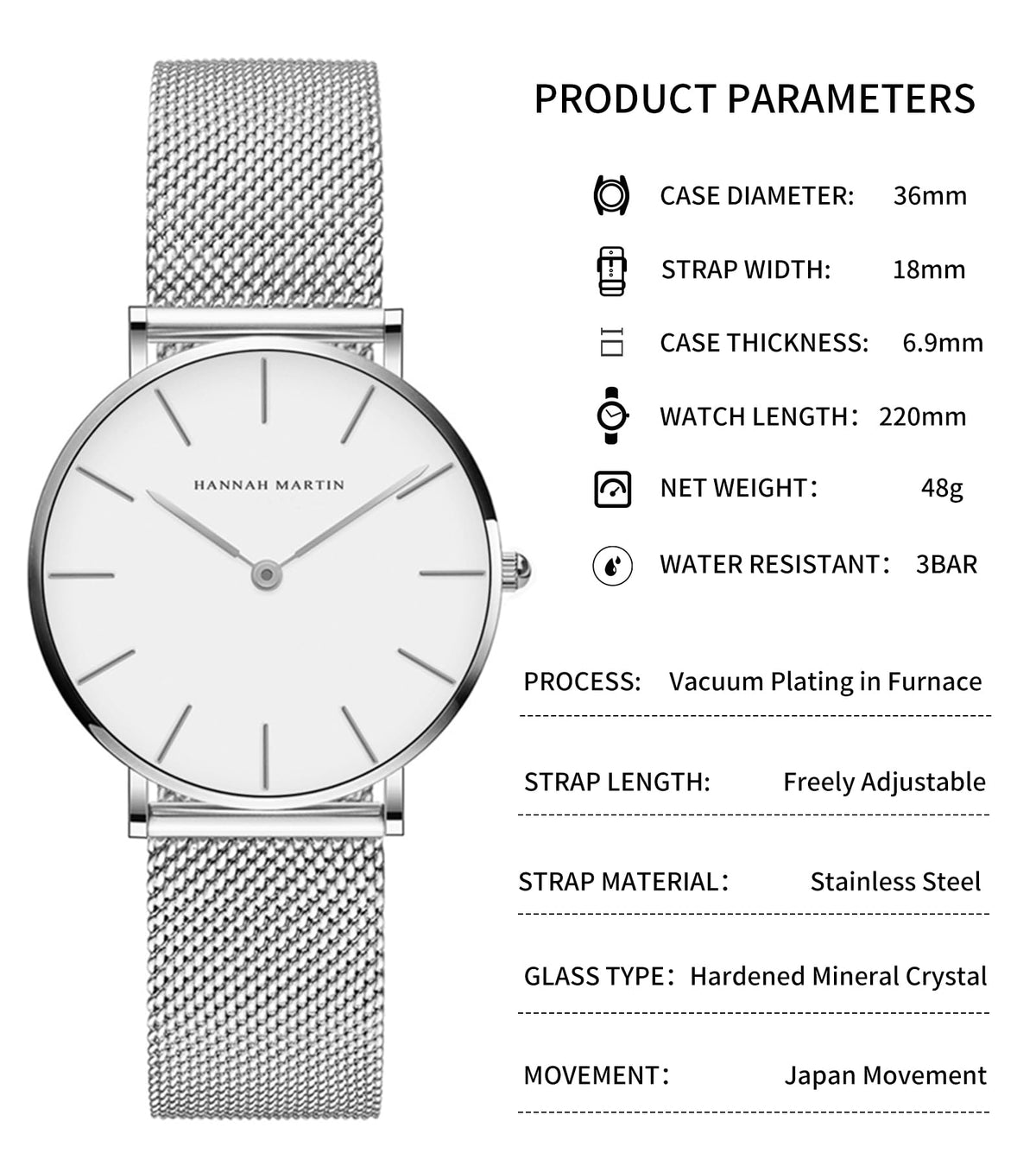 Hannah Martin Women's 36mm Minimalist Watch