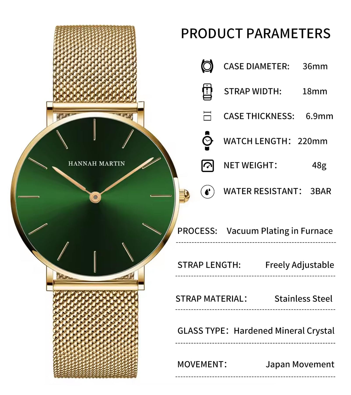 Hannah Martin Women's 36mm Minimalist Watch