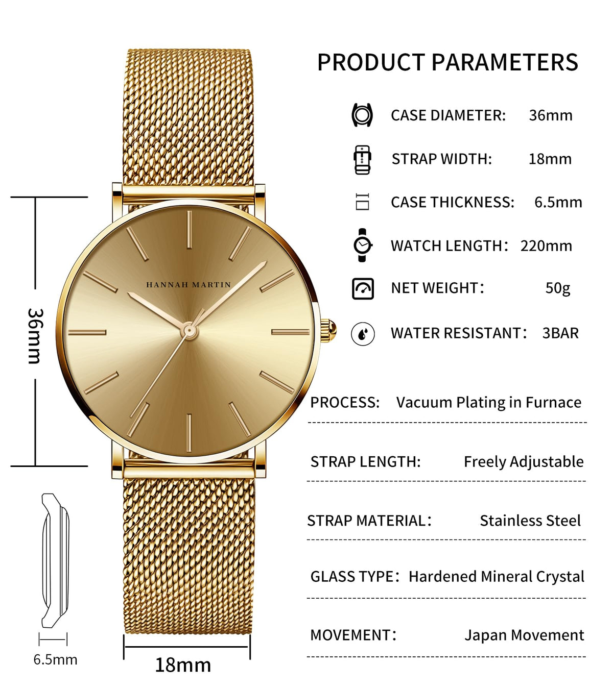 Hannah Martin Women's 36mm Minimalist Watch