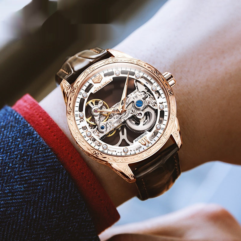 Openwork Mechanical Men's Watch – Rose Gold Case, Skeleton Dial, Leather Strap