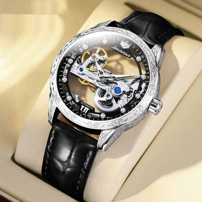 Openwork Mechanical Men's Watch – Rose Gold Case, Skeleton Dial, Leather Strap