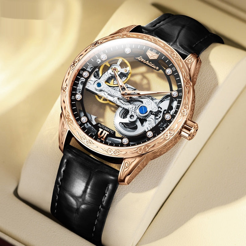 Openwork Mechanical Men's Watch – Rose Gold Case, Skeleton Dial, Leather Strap