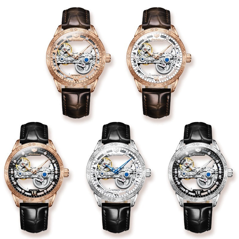 Openwork Mechanical Men's Watch – Rose Gold Case, Skeleton Dial, Leather Strap