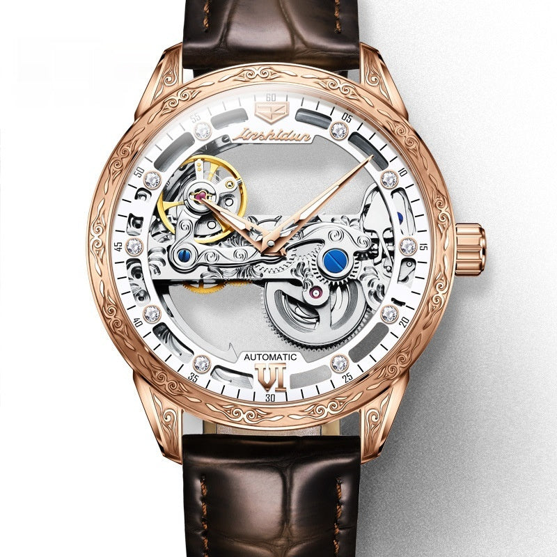Openwork Mechanical Men's Watch – Rose Gold Case, Skeleton Dial, Leather Strap