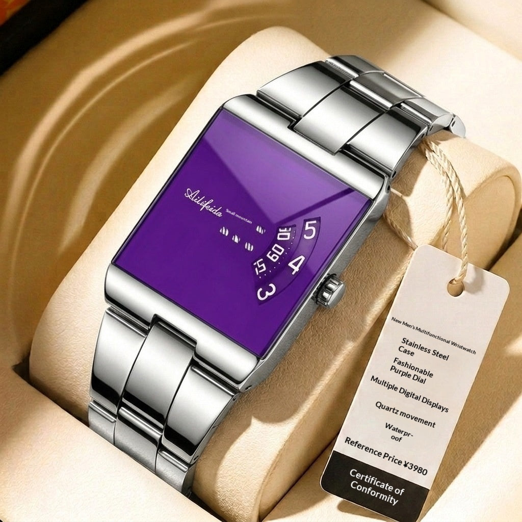 Men's Square Quartz Watch | Steel Band & Color Dial Options