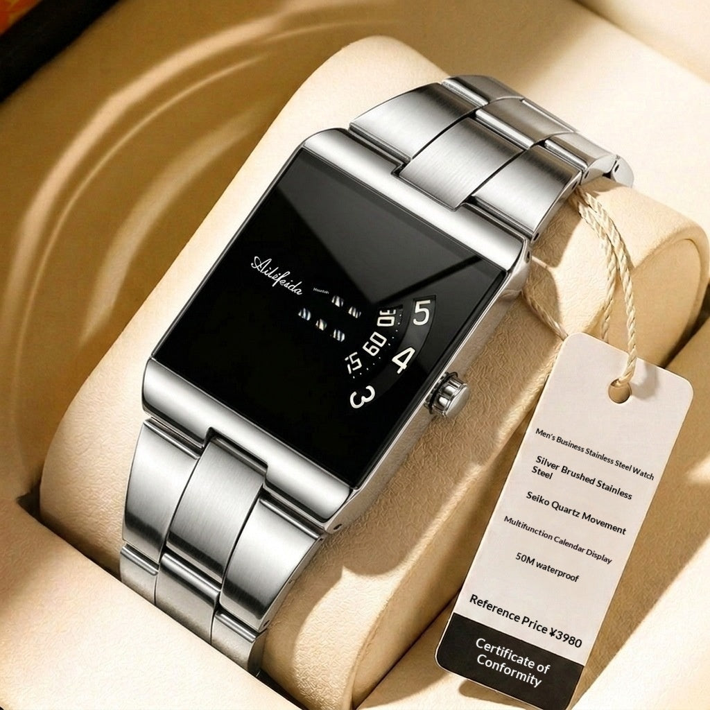 Men's Square Quartz Watch | Steel Band & Color Dial Options