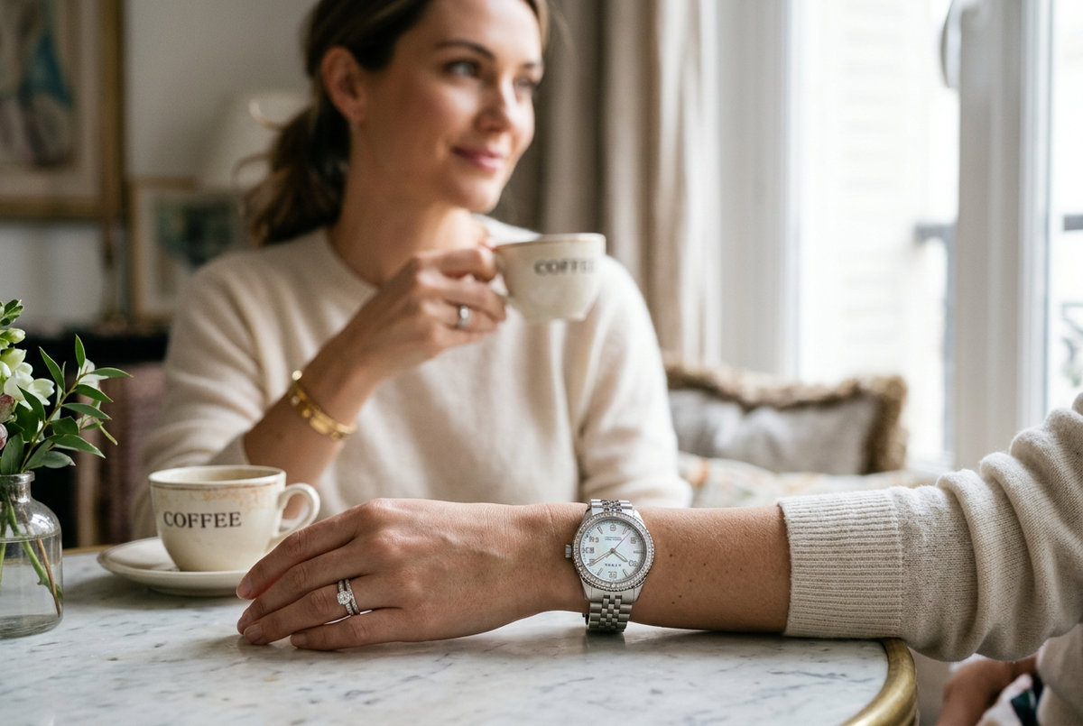 Woman wearing the Jackie pilot watch with Mother-of-Pearl face and Swarovski bezel